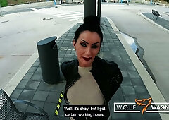 German goth model Sidney Dark with fake tits takes on multiple men in a creampie mouth finish