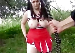 Chubby sub cheerleader with big tits humiliated in public BDSM