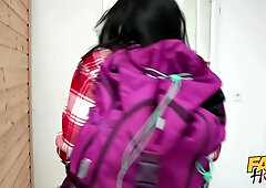 Faux hostel - after edging with two curvy girls a guys pulsing balls shoot a waterfall of jizz