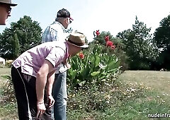 Nice-looking teen brunette hair hard screwed in threeway outdoor