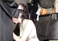 Large boobs April Storm stopped by for Halloween to get it coarse. that babe gets fanal-copulationed, slapped hard in the face, eats butt, spit on, dr