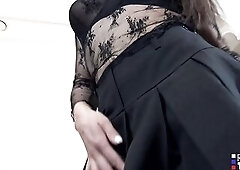 GROOBYCLUB - Sexually excited Russian hotty in boots and short petticoat masturbates her butt with pink sex toy