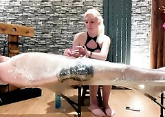 Secured to a bench with slavery wrap and just a aperture for his rod and balls to push out, blindfolded and left to expect for me to come and play, I 