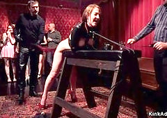 Young slave Abella Danger and senior Asian slave Mia Little in sexy lingerie serving in bdsm orgy party in the upper floor and fucking