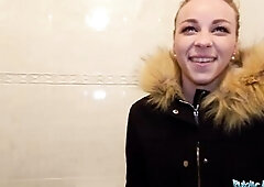 Public Agent Multiple orgasms as taut twat stretched in public WC