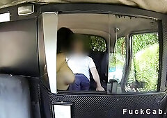 Tanned charming Brit amateur hottie flashes upskirt in back seat in fake taxi and when driver gets concupiscent that babe sucks his wang and bangs in 