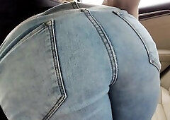 Pulling down Constricted Jeans of Large Butt Brunette hair and Overspread Her in Cum