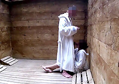 Young bitch sucks cock in sauna and gets fucked standing up
