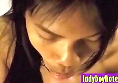 Hot Thai ladyboy with large rod Kib sucking large white schlong previous to unfathomable bareback anal sex by immoral white man Favourable client enjo