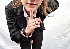 Wife Amber Sonata dominates you in her business suit with a strap-on