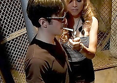 Tall mature shemale babe gives a fantastic blow-job to stranger