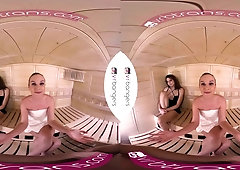 VRB TRANS Valentine's threesome with two hot babes in sauna VR Porn