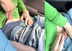 Wild outdoor handjob session in the car with some serious jizz action