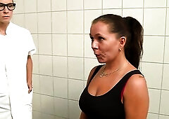 A tattooed hotty widens wide on the exam chair as the doctor fingers her soaked twat intensely, building her arousal with each thrust. That babe groan