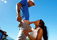 Luna Star is sucking Scott Nails' cock outdoors