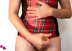 Hawt College Teen Sissy CD Doxy teases Large Dick and Shemale Booty in Plaid Swimsuit Cosplay JOI