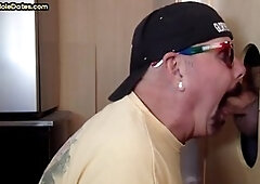 Amateur gay daddy sucking cock up close at the gloryhole