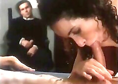 Lusty priest is fond of flogging the dummy while he is watching after young brunette babe getting