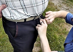 Hawt Mother I'd Like To Fuck outdoors holding in fingers dick pissing dude.