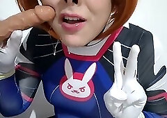 Trams girl with Dva Cosplay and BDSM Nosehook Giving a Blowjob, Eating Cum and Deepthroat to Big Dil