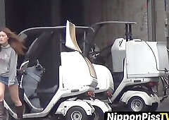 Japanese chicks barely reaching public toilet in time to piss openly