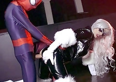 Mila Milan as Black Cat getting doggystyled by a big-dicked Spidey