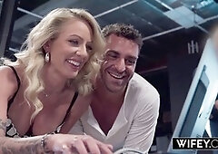 Cute hotwife Victoria Rey gets doggystyled while holding her hubby's hand