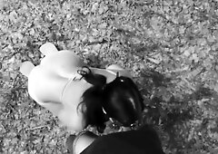 Naked submissive slut taken for a walk on a leash in forest