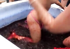 Lesbo coed teens jelly wrestling in the locker room