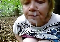 cumming on a granny face in the forest