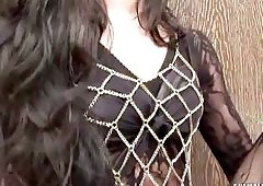 Flat chested shemale Leticia in fishnet solo