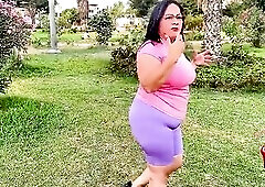 Overweight mother I'd like to fuck does stretches outdoors, and cardio with her coach in her room
