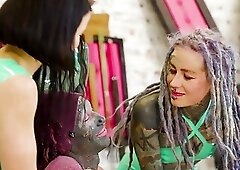 Femdom Anuskatzz dominates Trans Hotty with her Latex bitch goddess allies with Belt on and Sex tool