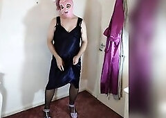 Uk tv bitch Nottstvslut in blue satin suit, nylons and underware