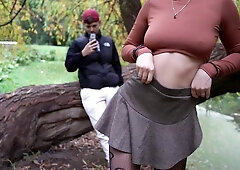 Brunette in black tights shows tits in Public and fucks at BF's crib