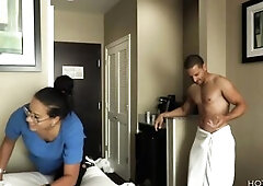 ROOM SERVICE! Large butt Latin babe gets drilled doggy style by guest and squirts on his chest.