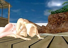 Hot babe and busty shemale share every inch on the beach with a fake penis