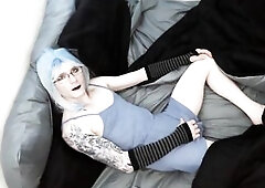 blue hair emo femboy late night stroke - blue romper foot spunk flow