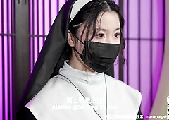 Asian nun cosplay with high heels and butt plug leads to facial cumshot