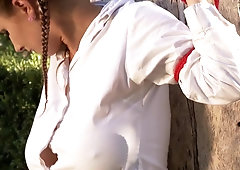 Czech babe Katerina Hartlova in bondage outdoors in forest - euro fetish