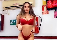 Busty curly brunette with big boobs fucks on couch