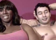 Stunning black shemale Georgina Vandermeer receives a facial cumshot