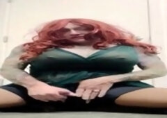 Redhead sissy with massive 38G fake boobs flaunts new green dress!