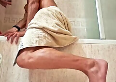 Solo sensation: hawt dude masturbates his large dong, humping and cumming in the washroom