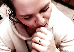 That babe SMILES and LIKES a LARGE Load of Cum in Her Fascinating Throat