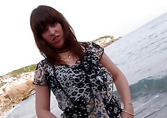 Horny brunette fucks two strangers cocks at same time and takes cum on face