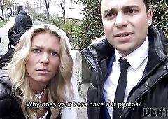 DEBT4k Debt collector screws the bride in white costume and nylons