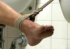 College jock gets a crash course in edging while bound to the urinals