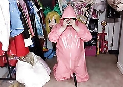 Pink PVC Dress, Gagged and Breathplay Hood