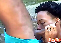 Horny Latin twinks in wet trunks giving a blowjob